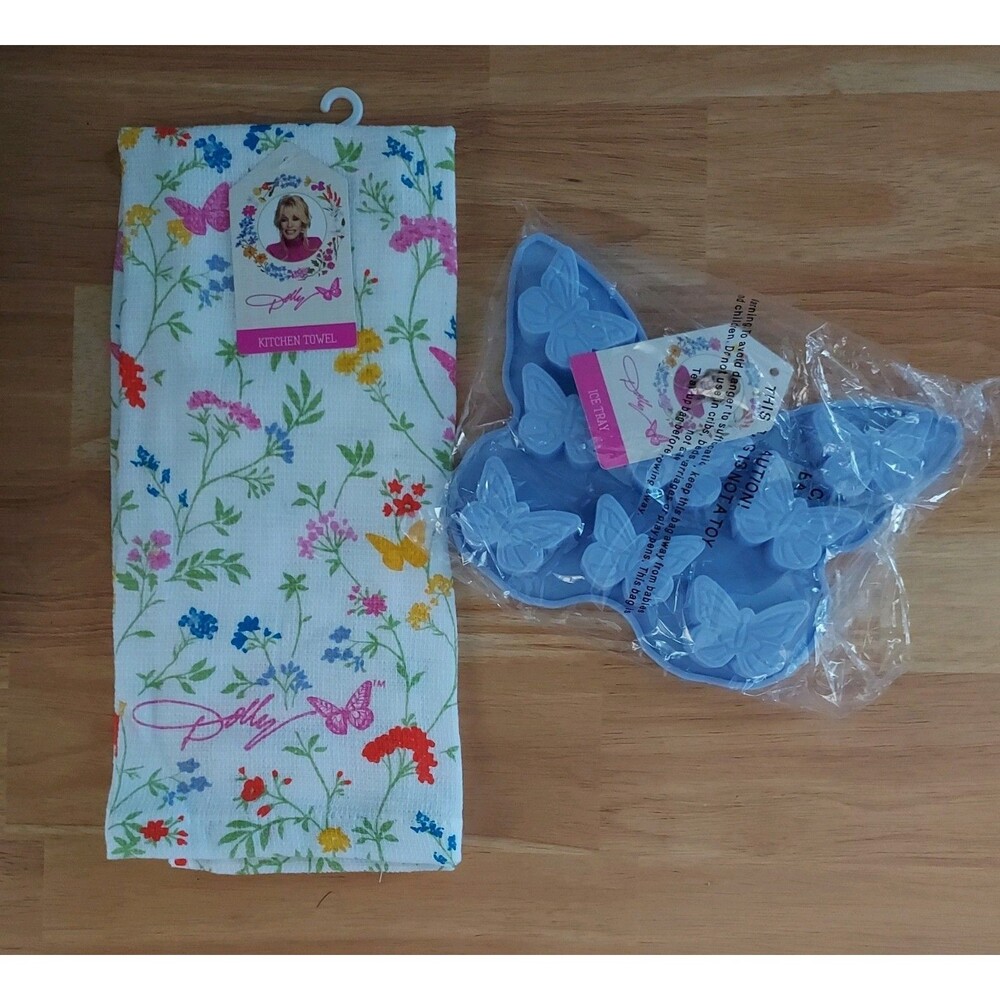 Dolly Parton Butterfly Silicone Purple Ice Cube Tray & Floral Kitchen Towel NEW